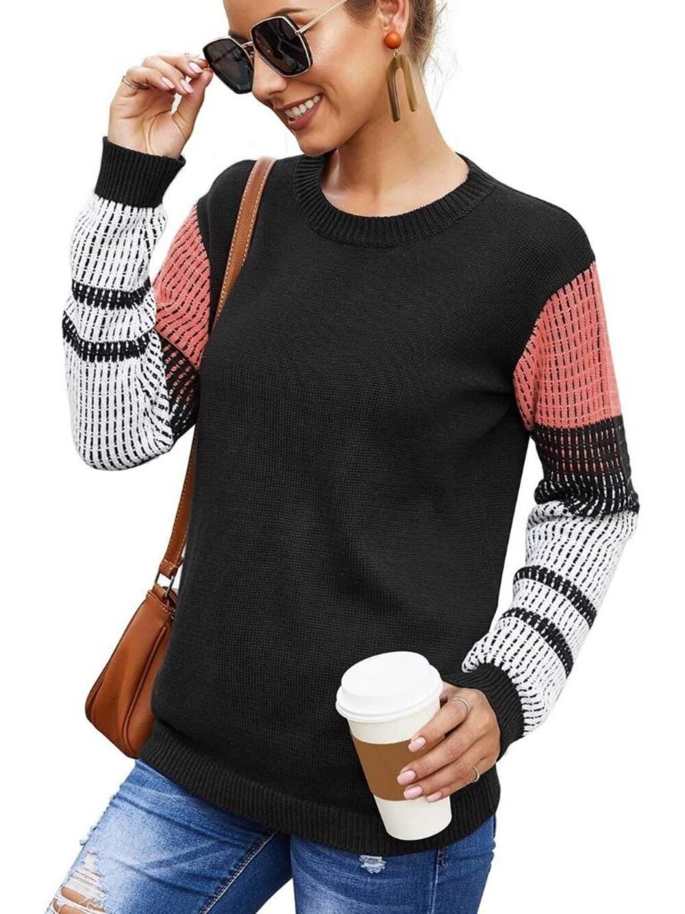 Women's Black Cute Contrast Sleeve Knitted Pullover Crewneck Winter Sweater